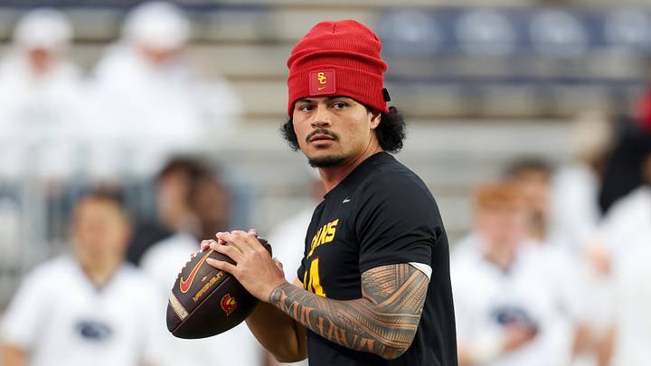 Oct 10, 2026; University Park, Pennsylvania, USA; Southern California Trojans quarterback Jayden Maiava (14) throws a pass during a warmup prior to the game against the Penn State Nittany Lions at West Shore Home Field at Beaver Stadium. Mandatory Credit: Matthew O'Haren-Imagn Images Oct 10, 2026; University Park, Pennsylvania, USA; Southern California Trojans quarterback Jayden Maiava (14) throws a pass during a warmup prior to the game against the Penn State Nittany Lions at West Shore Home Field at Beaver Stadium. Mandatory Credit: Matthew O'Haren-Imagn Images