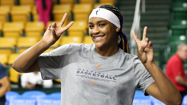 Jul 8, 2025; Fairfax, Virginia, USA; Washington Mystics forward Aaliyah Edwards (24) celebrates before a game against the Chicago Sky at EagleBank Arena. Mandatory Credit: Daniel Kucin Jr.-Imagn Images