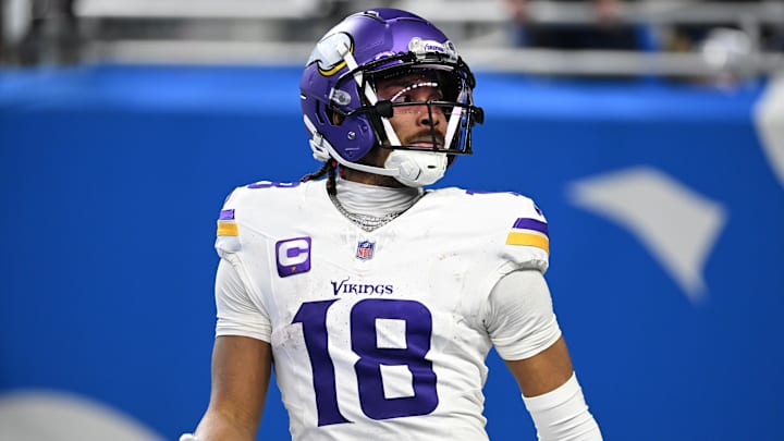 Jan 7, 2024; Detroit, Michigan, USA; Minnesota Vikings wide receiver Justin Jefferson (18) looks up into the crowd after scoring a touchdown against the Detroit Lions in the third quarter at Ford Field. Mandatory Credit: Lon Horwedel-USA TODAY Sports