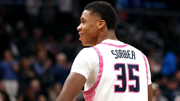 Feb 8, 2025; Washington, District of Columbia, USA; Georgetown Hoyas forward Thomas Sorber (35) celebrates during the second half against the Seton Hall Pirates at Capital One Arena. Mandatory Credit: Daniel Kucin Jr.-Imagn Images