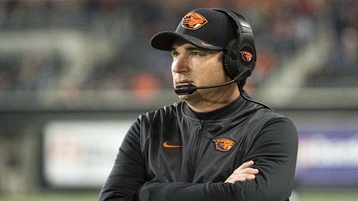 Nov 3, 2018; Corvallis, OR, USA; Oregon State Beavers head coach Jonathan Smith walks the sidelines during the second half against the USC Trojans at Reser Stadium. The Trojans beat the Beavers 38-21. Mandatory Credit: Troy Wayrynen-Imagn Images