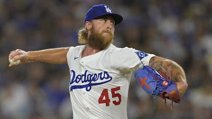 Jun 16, 2025; Los Angeles, California, USA;  Los Angeles Dodgers relief pitcher Michael Kopech (45) delivers to the plate in the seventh inning against the San Diego Padres at Dodger Stadium. Mandatory Credit: Jayne Kamin-Oncea-Imagn Images