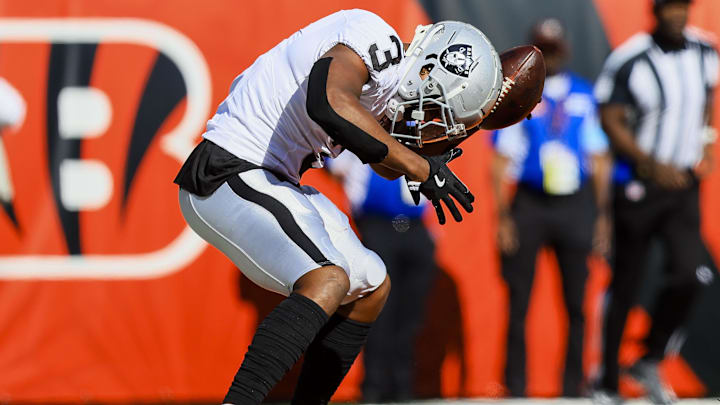 Nov 3, 2024; Cincinnati, Ohio, USA; Las Vegas Raiders running back Zamir White (3) reacts after scoring a touchdown against the Cincinnati Bengals in the first half at Paycor Stadium. Mandatory Credit: Katie Stratman-Imagn Images