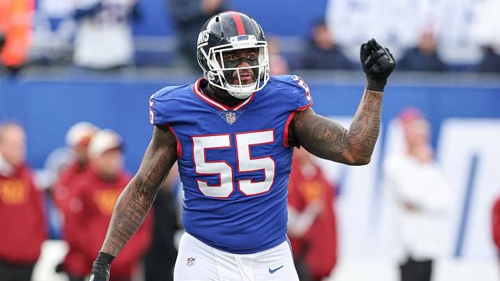 Dec 4, 2022; East Rutherford, New Jersey, USA; New York Giants linebacker Jihad Ward (55) celebrates a defensive stop during the second half against the Washington Commanders at MetLife Stadium. Mandatory Credit: Vincent Carchietta-USA TODAY Sports Dec 4, 2022; East Rutherford, New Jersey, USA; New York Giants linebacker Jihad Ward (55) celebrates a defensive stop during the second half against the Washington Commanders at MetLife Stadium. Mandatory Credit: Vincent Carchietta-USA TODAY Sports