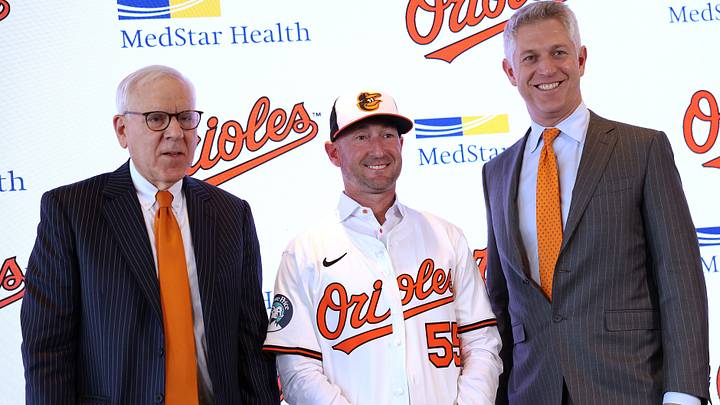 Nov 4, 2025; Baltimore, MD, USA; From left to right: Baltimore Orioles Owner David Rubenstein, Baltimore Orioles Manager Craig Albernaz and President of Baseball Operations Mike Elias pose for a photo during a press conference at Warehouse Bar. Mandatory Credit: Daniel Kucin Jr.-Imagn Images Nov 4, 2025; Baltimore, MD, USA; From left to right: Baltimore Orioles Owner David Rubenstein, Baltimore Orioles Manager Craig Albernaz and President of Baseball Operations Mike Elias pose for a photo during a press conference at Warehouse Bar. Mandatory Credit: Daniel Kucin Jr.-Imagn Images