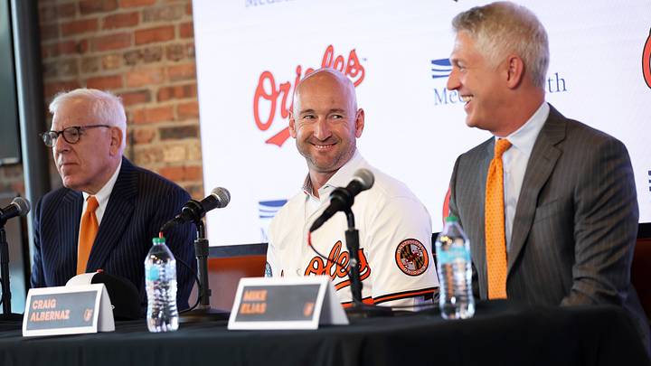 Nov 4, 2025; Baltimore, MD, USA; From left to right: Baltimore Orioles Owner David Rubenstein, Baltimore Orioles Manager Craig Albernaz and President of Baseball Operations Mike Elias address the audience during a press conference at Warehouse Bar. Mandatory Credit: Daniel Kucin Jr.-Imagn Images Nov 4, 2025; Baltimore, MD, USA; From left to right: Baltimore Orioles Owner David Rubenstein, Baltimore Orioles Manager Craig Albernaz and President of Baseball Operations Mike Elias address the audience during a press conference at Warehouse Bar. Mandatory Credit: Daniel Kucin Jr.-Imagn Images