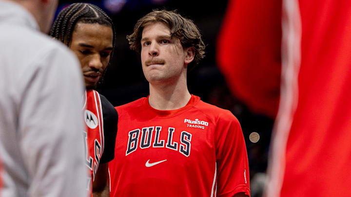 Nov 24, 2025; New Orleans, Louisiana, USA;  Chicago Bulls center Lachlan Olbrich (47) looks on against the New Orleans Pelicans during the first half at Smoothie King Center. Mandatory Credit: Stephen Lew-Imagn Images