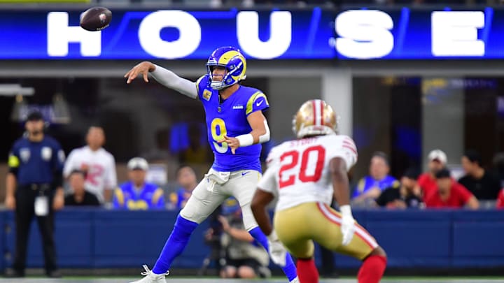 Oct 2, 2025; Inglewood, California, USA; Los Angeles Rams quarterback Matthew Stafford (9) throws a pass against the San Francisco 49ers during the first half at SoFi Stadium. Mandatory Credit: Gary A. Vasquez-Imagn Images