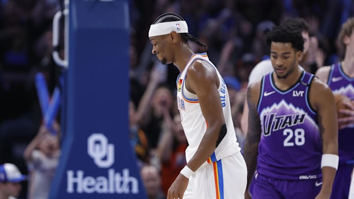 Jan 7, 2026; Oklahoma City, Oklahoma, USA; Oklahoma City Thunder guard Shai Gilgeous-Alexander (2) smiles after making a basket to force overtime against the Utah Jazz at Paycom Center. Mandatory Credit: Alonzo Adams-Imagn Images Jan 7, 2026; Oklahoma City, Oklahoma, USA; Oklahoma City Thunder guard Shai Gilgeous-Alexander (2) smiles after making a basket to force overtime against the Utah Jazz at Paycom Center. Mandatory Credit: Alonzo Adams-Imagn Images