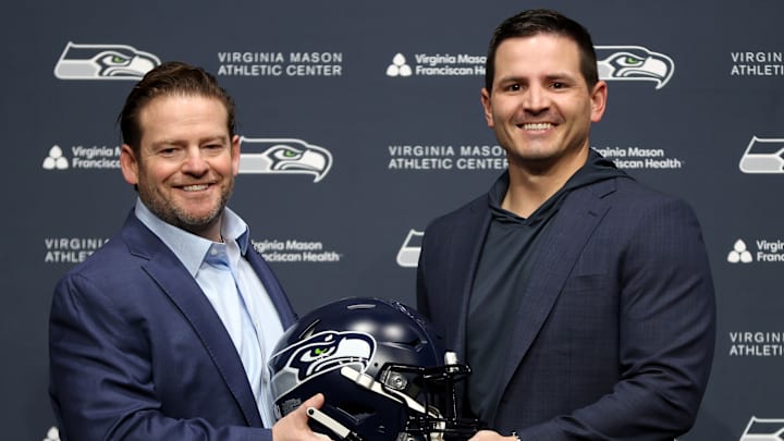 Mike Macdonald and John Schneider of the Seattle Seahawks