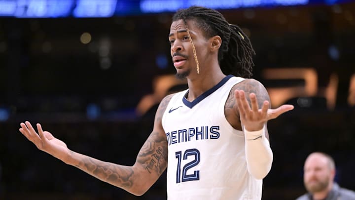 Jan 5, 2024; Los Angeles, California, USA; Memphis Grizzlies guard Ja Morant (12) reacts in the