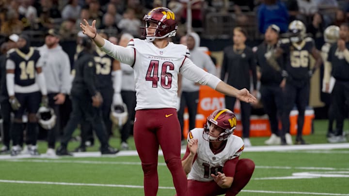 Dec 15, 2024; New Orleans, Louisiana, USA; Washington Commanders place kicker Greg Joseph (46) misses a field goal during the second half at Caesars Superdome. Mandatory Credit: Matthew Hinton-Imagn Images