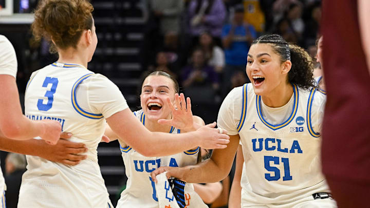 Mar 27, 2026; Sacramento, CA, USA; UCLA Bruins celebrate after defeating Minnesota Golden Gophers during a Sweet Sixteen game of the Sacramento Regional 2 of the women's 2026 NCAA Tournament at Golden 1 Center. Mandatory Credit: Ed Szczepanski-Imagn Images Mar 27, 2026; Sacramento, CA, USA; UCLA Bruins celebrate after defeating Minnesota Golden Gophers during a Sweet Sixteen game of the Sacramento Regional 2 of the women's 2026 NCAA Tournament at Golden 1 Center. Mandatory Credit: Ed Szczepanski-Imagn Images