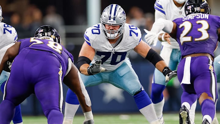 Dallas Cowboys guard Zack Martin blocks during the fourth quarter against the Baltimore Ravens. Mandatory Credit: Andrew Dieb-Imagn Images
