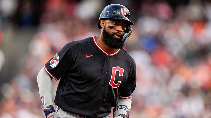 Cleveland Guardians right fielder Jo Adell (7) bats a two run home run against Detroit Tigers during the fifth inning at Comerica Park in Detroit on Wednesday, August 12, 2026.