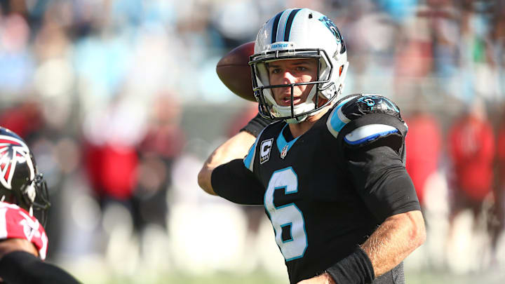 Dec 23, 2018; Charlotte, NC, USA; Carolina Panthers quarterback Taylor Heinicke (6) throws the ball in the first quarter against the Atlanta Falcons at Bank of America Stadium. Mandatory Credit: Jeremy Brevard-Imagn Images