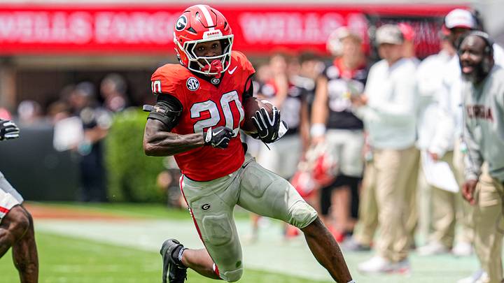 Apr 18, 2026; Athens, GA, USA; Georgia Bulldogs running back Dwight Phillips Jr. (20) runs with the ball during the Georgia Spring football game at Sanford Stadium. Mandatory Credit: Dale Zanine-Imagn Images