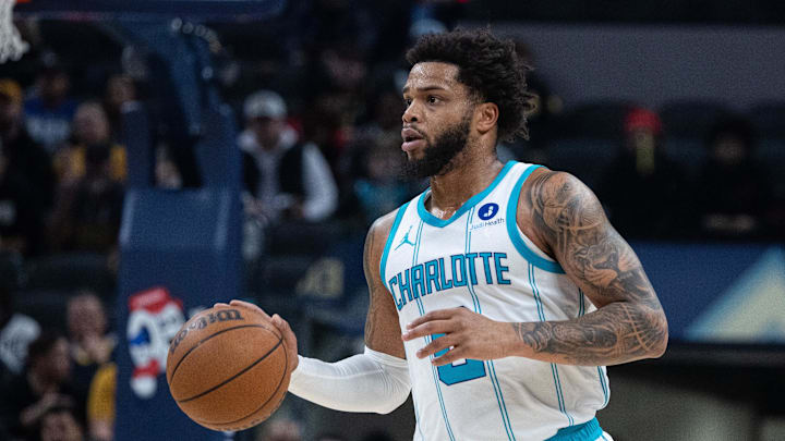 Nov 19, 2025; Indianapolis, Indiana, USA; Charlotte Hornets forward Miles Bridges (0) dribbles the ball in the first half against the Indiana Pacers at Gainbridge Fieldhouse. Mandatory Credit: Trevor Ruszkowski-Imagn Images