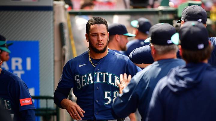 Apr 5, 2026; Anaheim, California, USA; Seattle Mariners pitcher Luis Castillo (58) is greeted after being relieved against the Los Angeles Angels during the fourth inning at Angel Stadium. Mandatory Credit: Gary A. Vasquez-Imagn Images