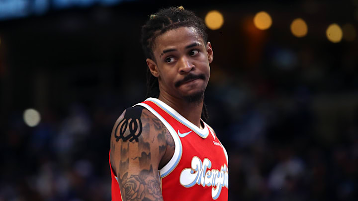 Apr 1, 2025; Memphis, Tennessee, USA; Memphis Grizzlies guard Ja Morant (12) looks on during the fourth quarter against the Golden State Warriors at FedExForum. Mandatory Credit: Petre Thomas-Imagn Images