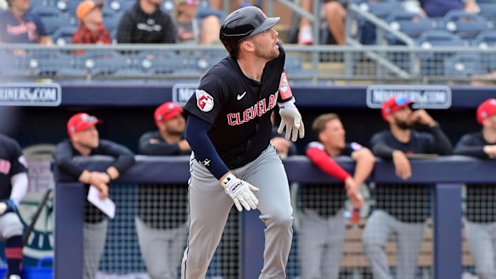 Feb 26, 2024; Peoria, Arizona, USA;  Cleveland Guardians right fielder Chase DeLauter (6) hits a two