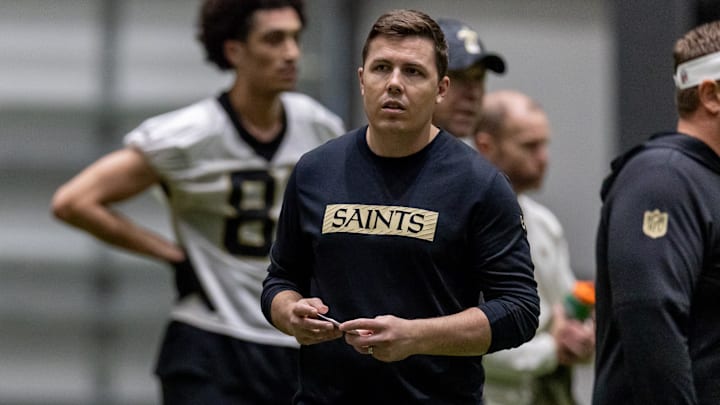 May 10, 2025; New Orleans, LA, USA;  New Orleans Saints head coach Kellen Moore during rookie minicamp at Ochsner Sports Performance Center. Mandatory Credit: Stephen Lew-Imagn Images