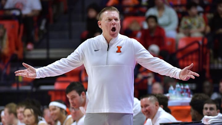 Dec 29, 2024; Champaign, Illinois, USA;  Illinois Fighting Illini head coach Brad Underwood reacts during the second half  against the Chicago State Cougars at State Farm Center. Mandatory Credit: Ron Johnson-Imagn Images