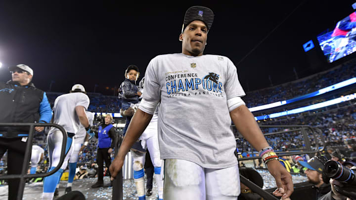 Jan 24, 2016; Charlotte, NC, USA; Carolina Panthers quarterback Cam Newton (1) celebrates after beating the Arizona Cardinals in the NFC Championship football game at Bank of America Stadium. Mandatory Credit: Bob Donnan-Imagn Images
