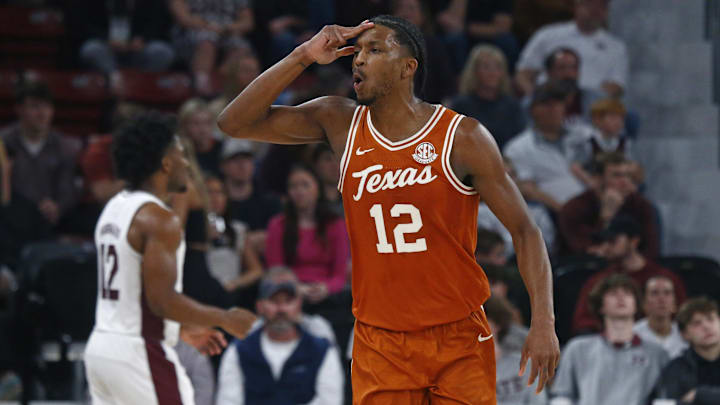 Mar 4, 2025; Starkville, Mississippi, USA; Texas Longhorns guard Tramon Mark (12) reacts during the second half against the Mississippi State Bulldogs at Humphrey Coliseum. Mandatory Credit: Petre Thomas-Imagn Images