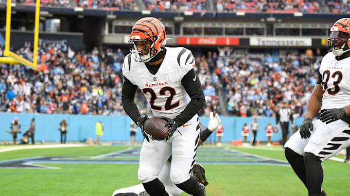 Dec 15, 2024; Nashville, Tennessee, USA;  Cincinnati Bengals safety Geno Stone (22) celebrates his touchdown against the Tennessee Titans during the second half at Nissan Stadium. Mandatory Credit: Steve Roberts-Imagn Images