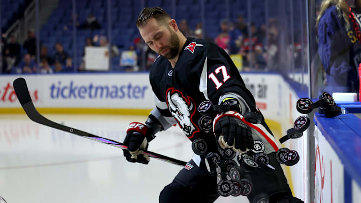 Apr 8, 2025; Buffalo, New York, USA;  Buffalo Sabres left wing Jason Zucker (17) takes to the ice before a game against the Carolina Hurricanes at KeyBank Center. Mandatory Credit: Timothy T. Ludwig-Imagn Images