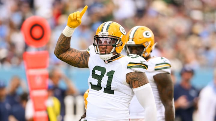 Sep 22, 2024; Nashville, Tennessee, USA; Green Bay Packers defensive end Preston Smith (91)celebrates his sack against the Tennessee Titans during the second half at Nissan Stadium. Mandatory Credit: Steve Roberts-Imagn Images Sep 22, 2024; Nashville, Tennessee, USA; Green Bay Packers defensive end Preston Smith (91)celebrates his sack against the Tennessee Titans during the second half at Nissan Stadium. Mandatory Credit: Steve Roberts-Imagn Images