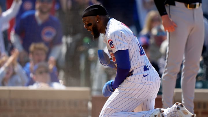 Vidal Bruján celebrates scoring a run for the Chicago Cubs at Wrigley Field in 2025.