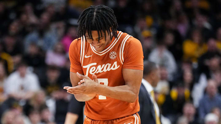 Texas Longhorns guard Simeon Wilcher (7) celebrates after scoring against the Missouri Tigers during the first half of the game at Mizzou Arena. Texas Longhorns guard Simeon Wilcher (7) celebrates after scoring against the Missouri Tigers during the first half of the game at Mizzou Arena.