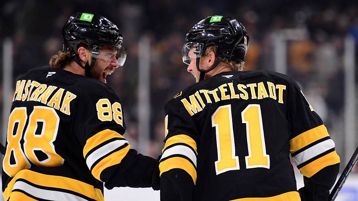 Oct 22, 2026; Boston, Massachusetts, USA; Boston Bruins right wing David Pastrnak (88) reacts after a goal by center Casey Mittelstadt (11) during the first period at TD Garden. Mandatory Credit: Bob DeChiara-Imagn Images Oct 22, 2026; Boston, Massachusetts, USA; Boston Bruins right wing David Pastrnak (88) reacts after a goal by center Casey Mittelstadt (11) during the first period at TD Garden. Mandatory Credit: Bob DeChiara-Imagn Images