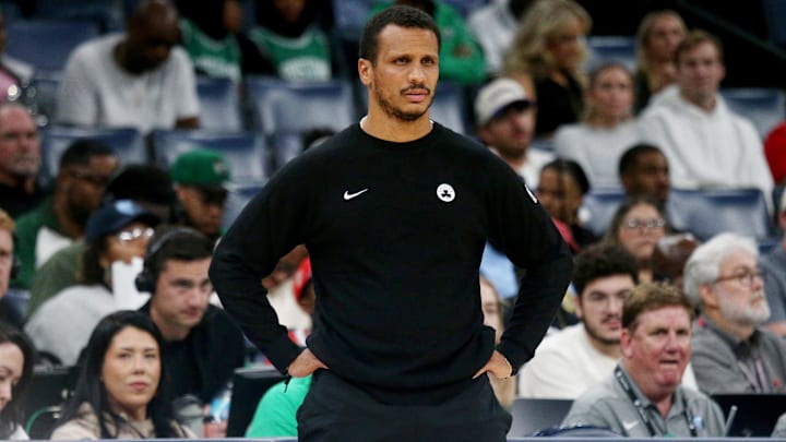 Oct 8, 2025; Memphis, Tennessee, USA; Boston Celtics head coach Joe Mazzulla looks on during the third quarter against the Memphis Grizzlies at FedExForum. 
