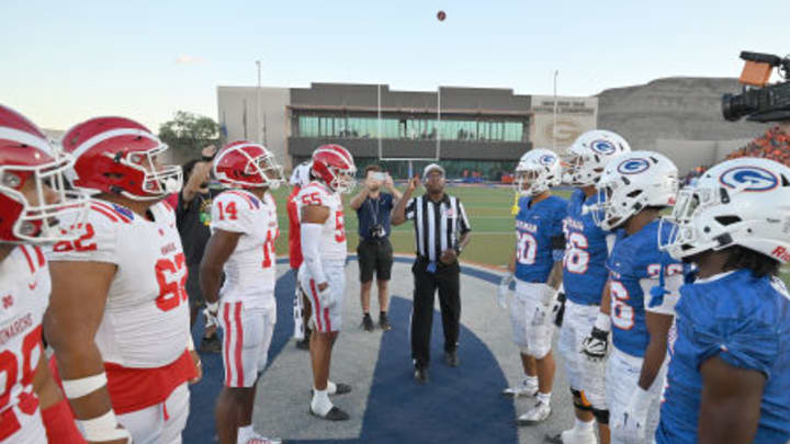 Mater Dei and Bishop Gorman face off for the coin flip before a 2022 game in Las Vegas. Mater Dei and Bishop Gorman face off for the coin flip before a 2022 game in Las Vegas.