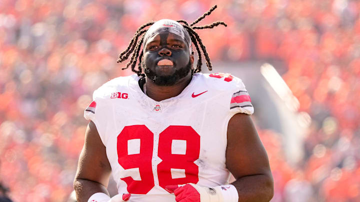 Ohio State Buckeyes defensive lineman Kayden McDonald (98) takes the field for the NCAA football game against the Illinois Fighting Illini at Gies Memorial Stadium in Champaign on Oct. 11, 2025.