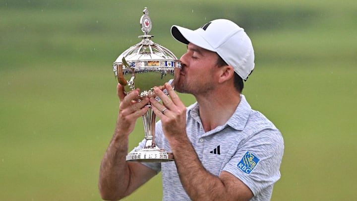 Jun 11, 2023; Toronto, ON, CAN; Nick Taylor reacts after winning the RBC Canadian Open golf tournament. Mandatory Credit: Dan Hamilton-USA TODAY Sports Jun 11, 2023; Toronto, ON, CAN; Nick Taylor reacts after winning the RBC Canadian Open golf tournament. Mandatory Credit: Dan Hamilton-USA TODAY Sports