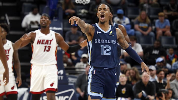 Oct 24, 2025; Memphis, Tennessee, USA; Memphis Grizzlies guard Ja Morant (12) reacts during the first quarter against the Miami Heat at FedExForum. Mandatory Credit: Petre Thomas-Imagn Images