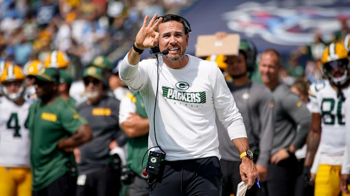 Green Bay Packers head coach Matt LaFleur calls for a time out during the second quarter against the Tennessee Titans at Nissan Stadium in Nashville, Tenn., Sunday, Sept. 22, 2024.