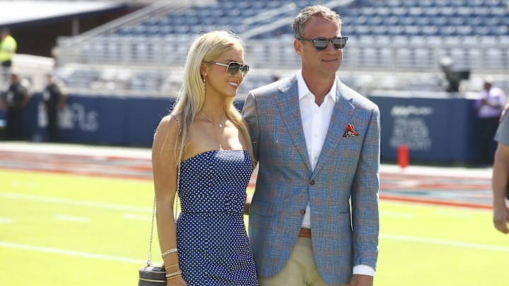 Sep 27, 2025; Oxford, Mississippi, USA; Mississippi Rebels head coach Lane Kiffin poses for a photo with his daughter Landry Kiffin prior to the game against the LSU Tigers at Vaught-Hemingway Stadium. Sep 27, 2025; Oxford, Mississippi, USA; Mississippi Rebels head coach Lane Kiffin poses for a photo with his daughter Landry Kiffin prior to the game against the LSU Tigers at Vaught-Hemingway Stadium.
