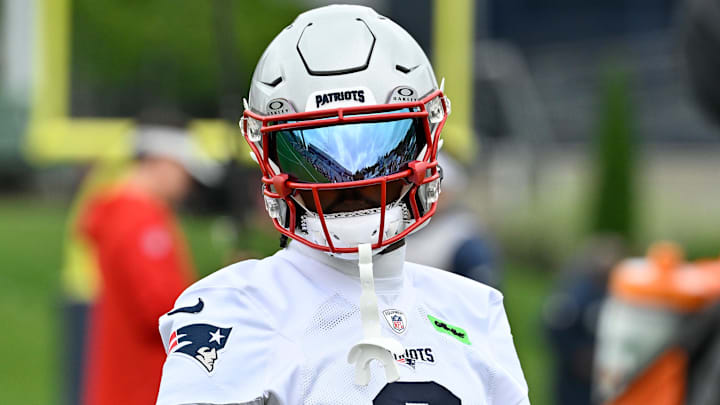 Jun 9, 2025; Foxborough, MA, USA; New England Patriots wide receiver Stefon Diggs (8) warms up during minicamp at Gillette Stadium. Mandatory Credit: Eric Canha-Imagn Images