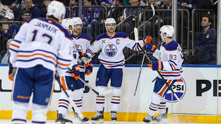 Mar 16, 2025; New York, New York, USA; Edmonton Oilers center Connor McDavid (97) celebrates his goal against the New York Rangers during the third period at Madison Square Garden. Mandatory Credit: Danny Wild-Imagn Images