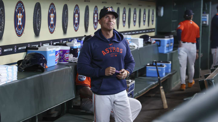 Apr 12, 2024; Houston, Texas, USA; Houston Astros manager Joe Espada (19) looks on from the dugout.
