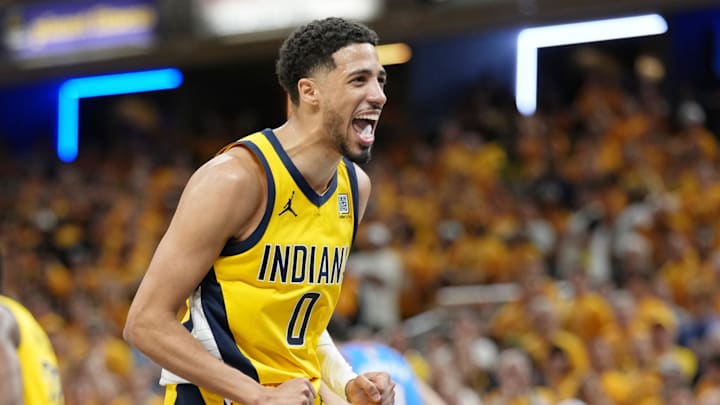 Jun 13, 2025; Indianapolis, Indiana, USA; Indiana Pacers guard Tyrese Haliburton (0) reacts after a play against the Oklahoma City Thunder during the second half during game four of the 2025 NBA Finals at Gainbridge Fieldhouse. Mandatory Credit: Kyle Terada-Imagn Images Jun 13, 2025; Indianapolis, Indiana, USA; Indiana Pacers guard Tyrese Haliburton (0) reacts after a play against the Oklahoma City Thunder during the second half during game four of the 2025 NBA Finals at Gainbridge Fieldhouse. Mandatory Credit: Kyle Terada-Imagn Images