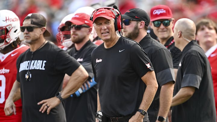 Oct 18, 2025; Houston, Texas, USA; Houston Cougars head coach Willie Fritz looks on during the third quarter against the Arizona Wildcats at TDECU Stadium. Mandatory Credit: Maria Lysaker-Imagn Images Oct 18, 2025; Houston, Texas, USA; Houston Cougars head coach Willie Fritz looks on during the third quarter against the Arizona Wildcats at TDECU Stadium. Mandatory Credit: Maria Lysaker-Imagn Images