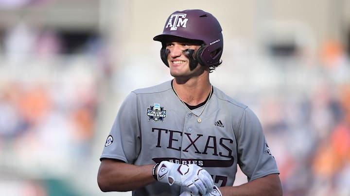 Texas A&M's Jace LaViolette (17) smiles during game three of the NCAA College World Series finals between Tennessee and Texas A&M at Charles Schwab Field in Omaha, Neb., on Monday, June 24, 2024. Texas A&M's Jace LaViolette (17) smiles during game three of the NCAA College World Series finals between Tennessee and Texas A&M at Charles Schwab Field in Omaha, Neb., on Monday, June 24, 2024.