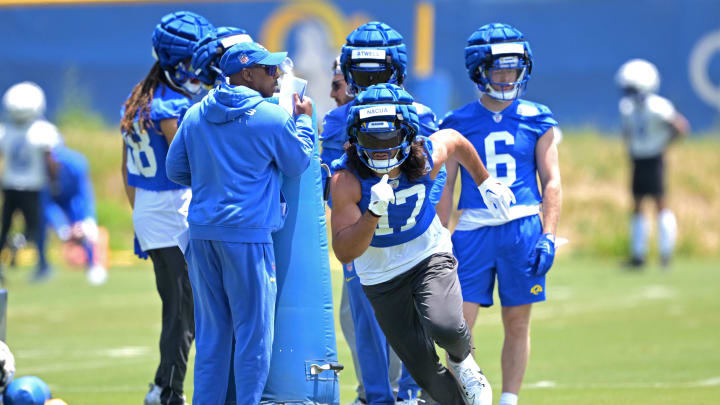 May 28, 2024; Thousand Oaks, CA, USA; Los Angeles Rams wide receiver Puka Nacua (17) runs a drill during OTAs at the team training facility at California Lutheran University. Mandatory Credit: Jayne Kamin-Oncea-USA TODAY Sports May 28, 2024; Thousand Oaks, CA, USA; Los Angeles Rams wide receiver Puka Nacua (17) runs a drill during OTAs at the team training facility at California Lutheran University. Mandatory Credit: Jayne Kamin-Oncea-USA TODAY Sports