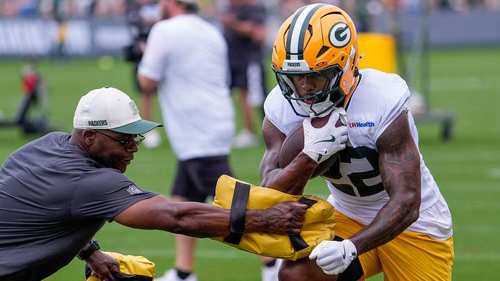Green Bay Packers running back Pierre Strong Jr. (22) runs through a drill during practice on Friday, July 31, 2026, at Ray Nitschke Field in Ashwaubenon, Wisconsin.